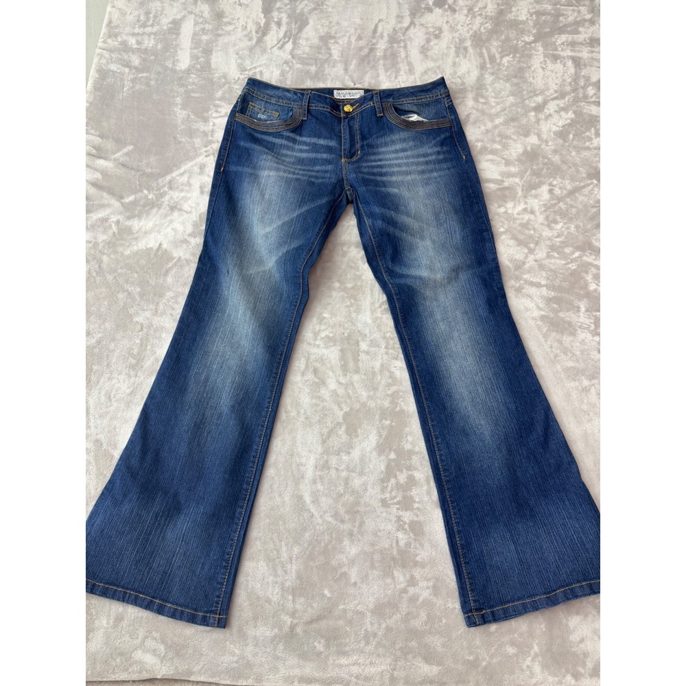 Phat Fashions Silver Label Indigo Flare Jeans Yellow Cat Logo Y2K EBW175PK 13
